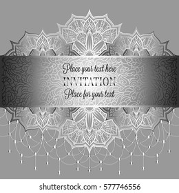 Baroque background with antique, luxury black and metal silver vintage frame, victorian banner, eastern mandalas with beads, invitation card, baroque booklet, fashion pattern, template for design.