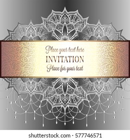 Baroque background with antique, luxury black and metal silver vintage frame, victorian banner, eastern mandalas with beads, invitation card, baroque booklet, fashion pattern, template for design.