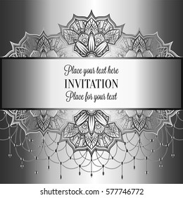 Baroque background with antique, luxury black and metal silver vintage frame, victorian banner, eastern mandalas with beads, invitation card, baroque booklet, fashion pattern, template for design.