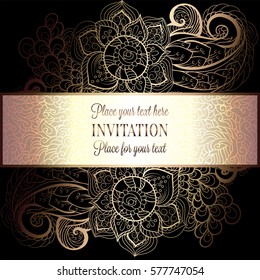 Baroque background with antique, luxury black and metal gold vintage frame, victorian banner, damask floral wallpaper ornaments, invitation card, baroque style booklet, fashion pattern, template.