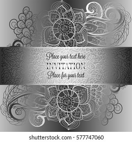Baroque background with antique, luxury black and metal silver vintage frame, victorian banner, damask floral wallpaper ornaments, invitation card, baroque style booklet, fashion pattern, template 