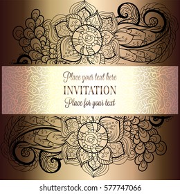 Baroque background with antique, luxury black and metal gold vintage frame, victorian banner, damask floral wallpaper ornaments, invitation card, baroque style booklet, fashion pattern, template.