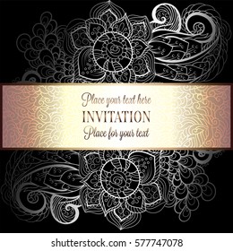 Baroque background with antique, luxury black and metal silver vintage frame, victorian banner, damask floral wallpaper ornaments, invitation card, baroque style booklet, fashion pattern, template 