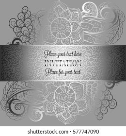 Baroque background with antique, luxury black and metal silver vintage frame, victorian banner, damask floral wallpaper ornaments, invitation card, baroque style booklet, fashion pattern, template
