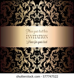 Baroque background with antique, luxury black and metal gold vintage frame, victorian banner, damask floral wallpaper ornaments, invitation card, baroque style booklet, fashion pattern, template.