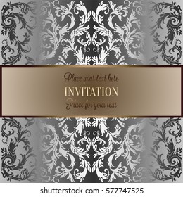 Baroque background with antique, luxury black and metal silver vintage frame, victorian banner, damask floral wallpaper ornaments, invitation card, baroque style booklet, fashion pattern, template