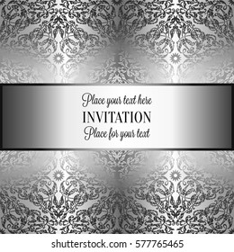 Baroque background with antique, luxury black and metal silver vintage frame, victorian banner, damask floral wallpaper ornaments, invitation card, baroque style booklet, fashion pattern, template