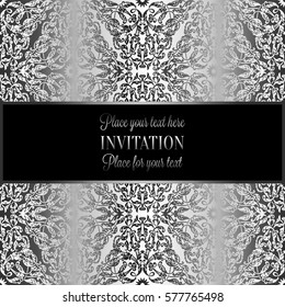 Baroque background with antique, luxury black and metal silver vintage frame, victorian banner, damask floral wallpaper ornaments, invitation card, baroque style booklet, fashion pattern, template