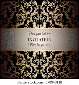 Baroque background with antique, luxury black and metal gold vintage frame, victorian banner, damask floral wallpaper ornaments, invitation card, baroque style booklet, fashion pattern, template.
