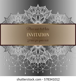 Baroque background with antique, luxury black and metal silver vintage frame, victorian banner, eastern mandalas with beads, invitation card, baroque booklet, fashion pattern, template for design.