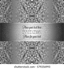 Baroque background with antique, luxury black and metal silver vintage frame, victorian banner, damask floral wallpaper ornaments, invitation card, baroque style booklet, fashion pattern, template 