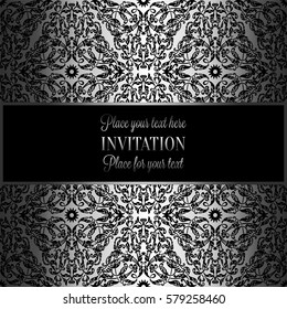 Baroque background with antique, luxury black and metal silver vintage frame, victorian banner, damask floral wallpaper ornaments, invitation card, baroque style booklet, fashion pattern