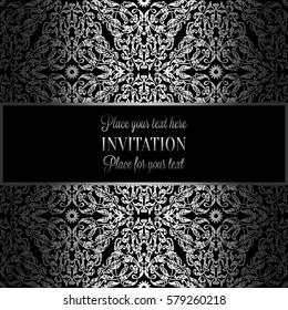 Baroque background with antique, luxury black and metal silver vintage frame, victorian banner, damask floral wallpaper ornaments, invitation card, baroque style booklet, fashion pattern, template 