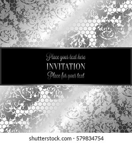 Baroque background with antique, luxury black and metal silver vintage frame, victorian banner, damask floral wallpaper ornaments, invitation card, baroque style booklet,lace decoration, textile.