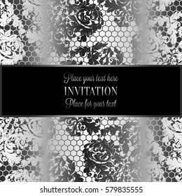 Baroque background with antique, luxury black and metal silver vintage frame, victorian banner, damask floral wallpaper ornaments, invitation card, baroque style booklet,lace decoration, textile.