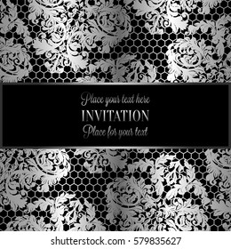 Baroque background with antique, luxury black and metal silver vintage frame, victorian banner, damask floral wallpaper ornaments, invitation card, baroque style booklet,lace decoration, textile.