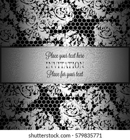 Baroque background with antique, luxury black and metal silver vintage frame, victorian banner, damask floral wallpaper ornaments, invitation card, baroque style booklet,lace decoration, textile.