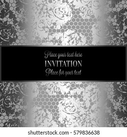 Baroque background with antique, luxury black and metal silver vintage frame, victorian banner, damask floral wallpaper ornaments, invitation card, baroque style booklet,lace decoration, textile.