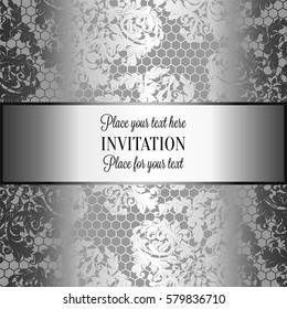 Baroque background with antique, luxury black and metal silver vintage frame, victorian banner, damask floral wallpaper ornaments, invitation card, baroque style booklet,lace decoration, textile.