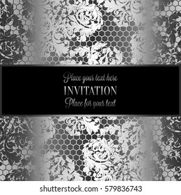 Baroque background with antique, luxury black and metal silver vintage frame, victorian banner, damask floral wallpaper ornaments, invitation card, baroque style booklet,lace decoration, textile.