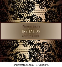 Baroque background with antique, luxury black and metal gold vintage frame, victorian banner, damask intricate wallpaper ornaments, invitation card, baroque style booklet, lace decoration, textile.