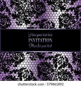 Baroque background with antique, luxury black lace and vintage frame,victorian banner, damask intricate wallpaper ornaments, invitation card, baroque style booklet, lace decoration,textile.