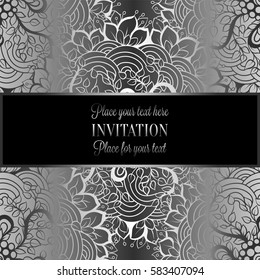 Baroque background with antique, luxury black and metal silver vintage frame, victorian banner, damask floral wallpaper ornaments, invitation card, baroque style booklet,lace decoration, textile.