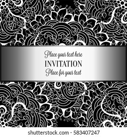 Baroque background with antique, luxury black and metal silver vintage frame, victorian banner, damask floral wallpaper ornaments, invitation card, baroque style booklet,lace decoration, textile.