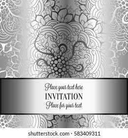 Baroque background with antique, luxury black and metal silver vintage frame, victorian banner, damask floral wallpaper ornaments, invitation card, baroque style booklet,lace decoration, textile.