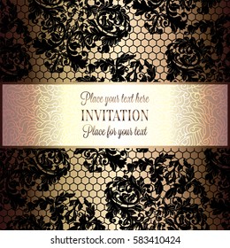 Baroque background with antique, luxury black and metal gold vintage frame, victorian banner, damask intricate wallpaper ornaments, invitation card, baroque style booklet, lace decoration, textile.