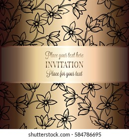 Baroque background with antique, luxury black and metal gold vintage frame, victorian banner, damask intricate wallpaper ornaments, invitation card, baroque style booklet, lace decoration, textile.