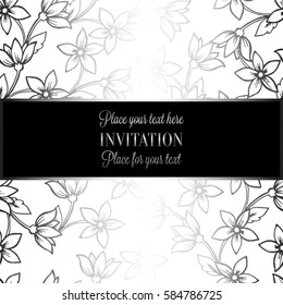 Baroque background with antique, luxury black and metal silver vintage frame, victorian banner, damask intricate wallpaper ornaments, invitation card, baroque style booklet, lace decoration, textile.