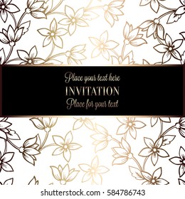 Baroque background with antique, luxury black and metal gold vintage frame, victorian banner, damask intricate wallpaper ornaments, invitation card, baroque style booklet, lace decoration, textile.