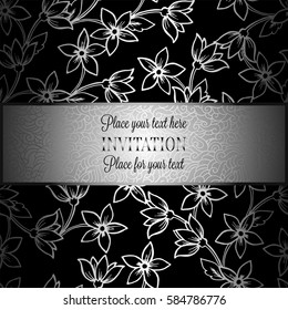 Baroque background with antique, luxury black and metal silver vintage frame, victorian banner, damask intricate wallpaper ornaments, invitation card, baroque style booklet, lace decoration, textile.