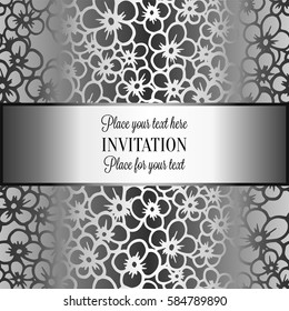 Baroque background with antique, luxury black and metal silver vintage frame, victorian banner, damask intricate wallpaper ornaments, invitation card, baroque style booklet, lace decoration, textile.