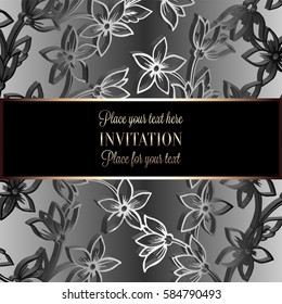 Baroque background with antique, luxury black and metal silver vintage frame, victorian banner, damask intricate wallpaper ornaments, invitation card, baroque style booklet, lace decoration, textile.