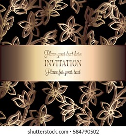 Baroque background with antique, luxury black and metal gold vintage frame, victorian banner, damask intricate wallpaper ornaments, invitation card, baroque style booklet, lace decoration, textile.