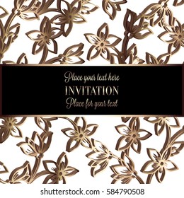 Baroque background with antique, luxury black and metal gold vintage frame, victorian banner, damask intricate wallpaper ornaments, invitation card, baroque style booklet, lace decoration, textile.