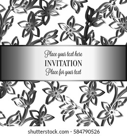 Baroque background with antique, luxury black and metal silver vintage frame, victorian banner, damask intricate wallpaper ornaments, invitation card, baroque style booklet, lace decoration, textile.