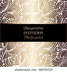 Baroque background with antique, luxury black and metal gold vintage frame, victorian banner, damask intricate wallpaper ornaments, invitation card, baroque style booklet, lace decoration, textile.