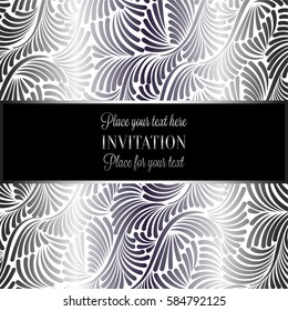 Baroque background with antique, luxury black and metal silver vintage frame, victorian banner, damask intricate wallpaper ornaments, invitation card, baroque style booklet, lace decoration, textile.