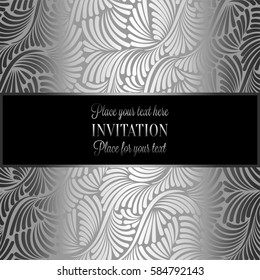 Baroque background with antique, luxury black and metal silver vintage frame, victorian banner, damask intricate wallpaper ornaments, invitation card, baroque style booklet, lace decoration, textile.