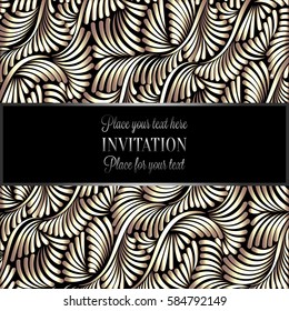 Baroque background with antique, luxury black and metal gold vintage frame, victorian banner, damask intricate wallpaper ornaments, invitation card, baroque style booklet, lace decoration, textile.