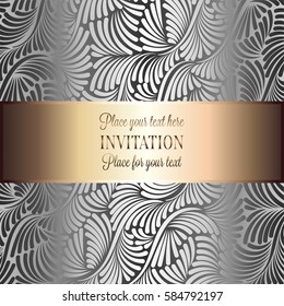 Baroque background with antique, luxury black and metal silver vintage frame, victorian banner, damask intricate wallpaper ornaments, invitation card, baroque style booklet, lace decoration, textile.