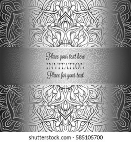 Baroque background with antique, luxury black and metal silver vintage frame, victorian banner, damask intricate wallpaper ornaments, invitation card, baroque style booklet, lace decoration, textile.