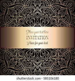 Baroque background with antique, luxury black and metal gold vintage frame, victorian banner, damask intricate wallpaper ornaments, invitation card, baroque style booklet, lace decoration, textile.