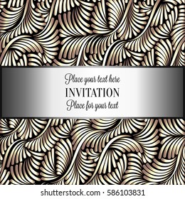 Baroque background with antique, luxury black and metal gold vintage frame, victorian banner, damask intricate wallpaper ornaments, invitation card, baroque style booklet, lace decoration, textile.