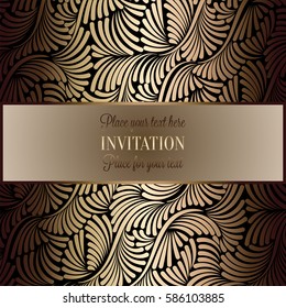 Baroque background with antique, luxury black and metal gold vintage frame, victorian banner, damask intricate wallpaper ornaments, invitation card, baroque style booklet, lace decoration, textile.