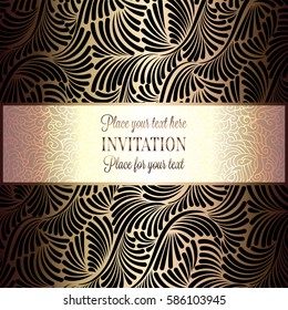 Baroque background with antique, luxury black and metal gold vintage frame, victorian banner, damask intricate wallpaper ornaments, invitation card, baroque style booklet, lace decoration, textile.