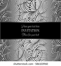 Baroque background with antique, luxury black and metal silver vintage frame, victorian banner, damask intricate wallpaper ornaments, invitation card, baroque style booklet, lace decoration, textile.